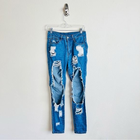 SHEIN Super Distressed Dark Wash Cut Out Boyfriend Jeans - Picture 1 of 6